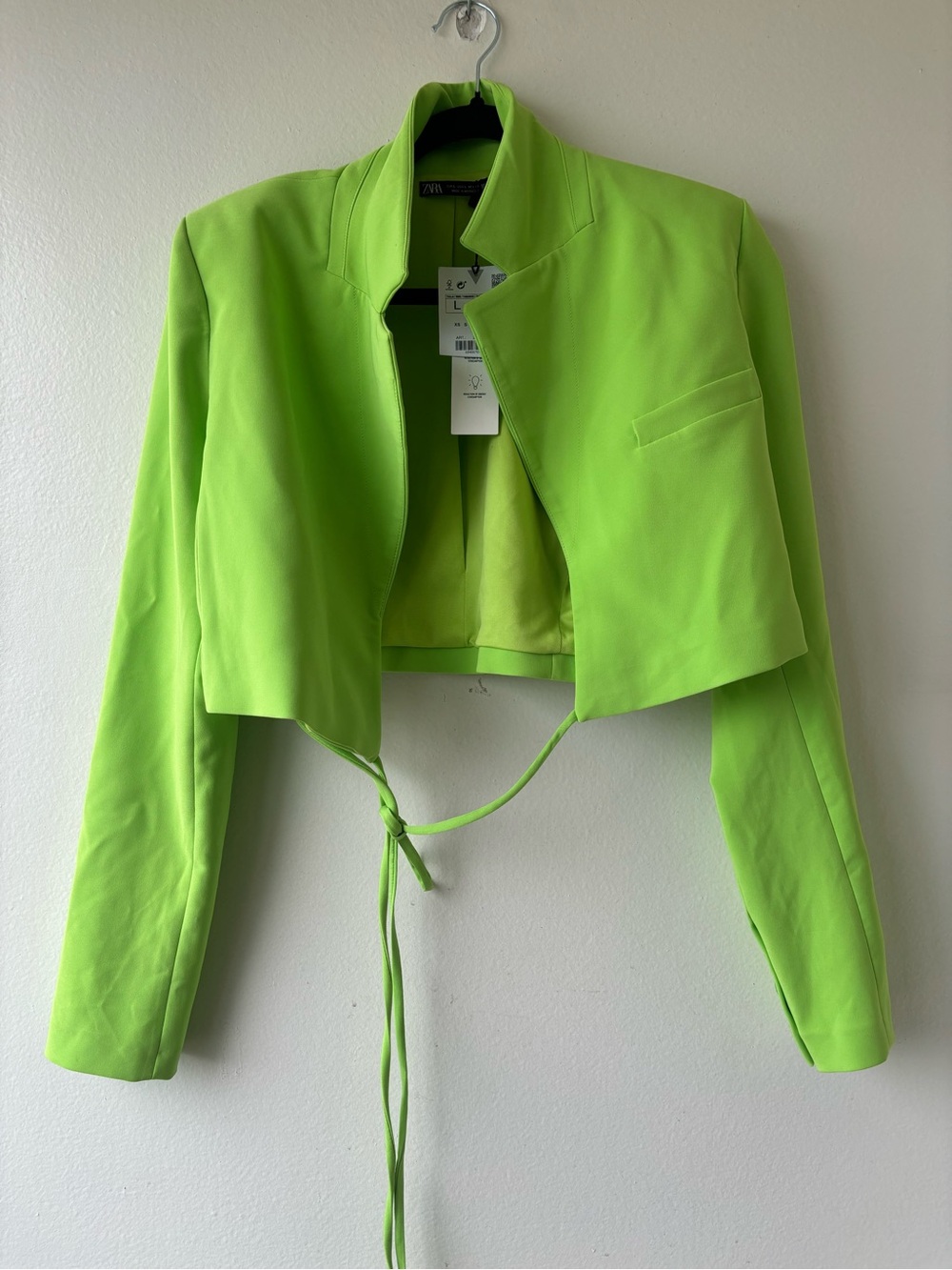 Zara Cropped Neon Green Tie-Front Blazer